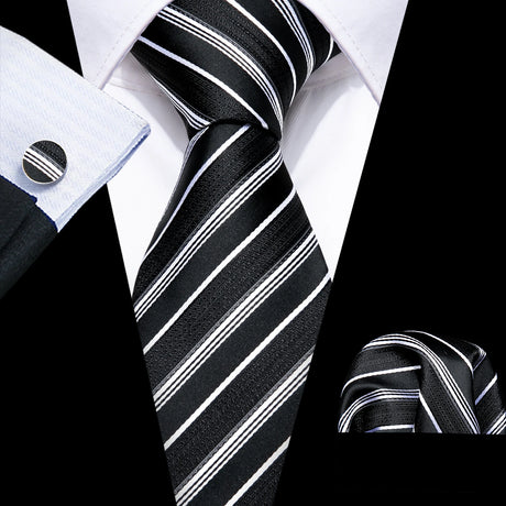 Male Luxury Neck Tie For Men Business Red Striped Silk Tie Hanky Cufflinks Set Barry.Wang Fashion Neckwear Wedding Party Casual