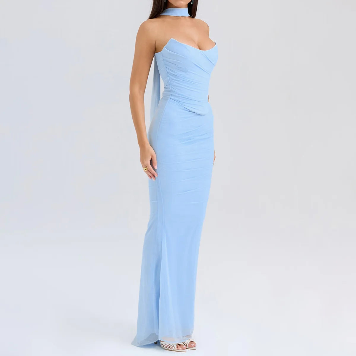 Suninheart Elegant 2 Pieces Dress Set with Scarf Women Fashion Matching Sets Sexy Cropped Top and Long Dress Set Casual Dress