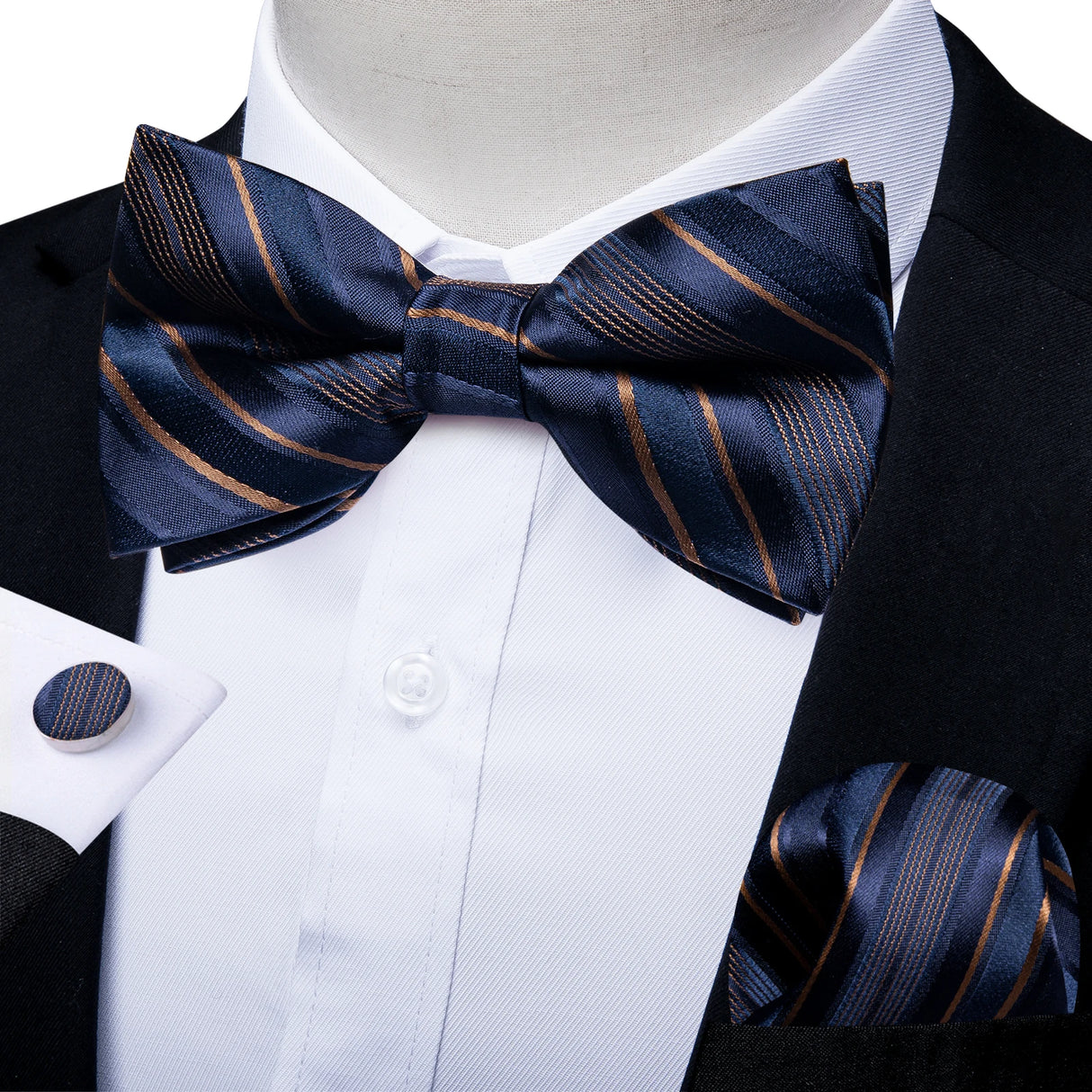 Classic Black Men Bow Ties 100% Silk Bowties Butterfly Pocket Square Cufflinks Set Suit Paisley Gold Pre-Tied Bow Tie DiBanGu