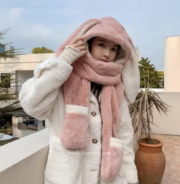 Hat Scarf Gloves all-in-one three-piece Winter Sweet Cute Rabbit Ears Plush Scarf Hat Outdoor Warm Cap
