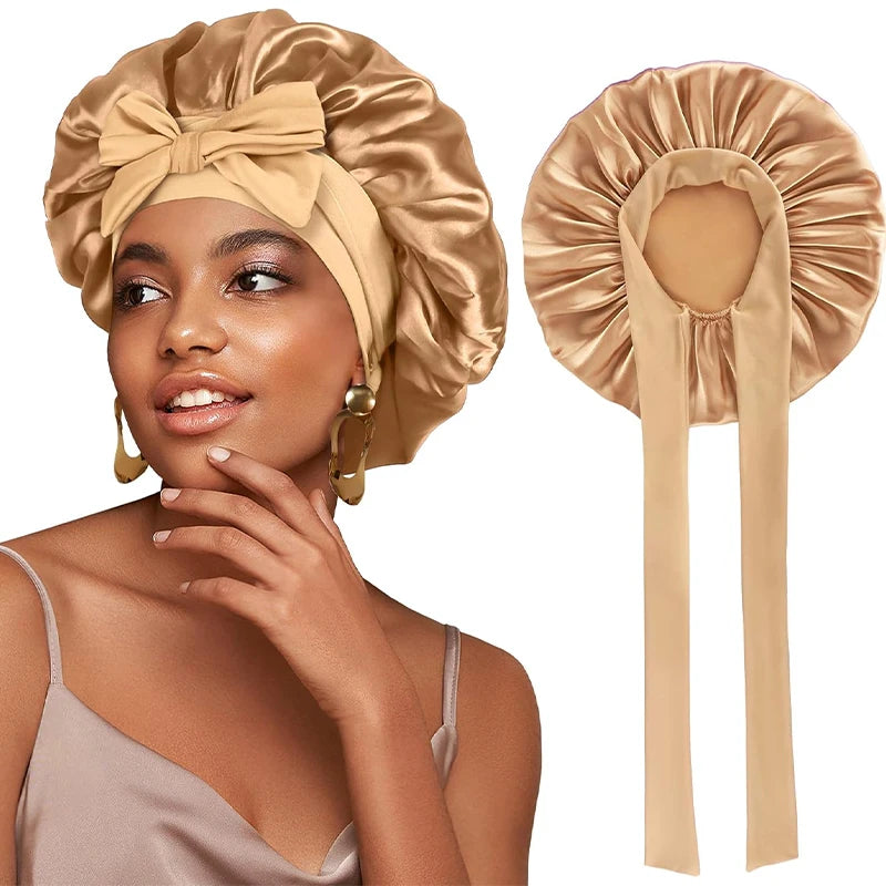 New Women Satin Bonnet Silky Sleep Cap Curly Hair Wrap For Sleeping Cap Adjustable Bonnets With Tie Band Nightcap Hair Care Cap