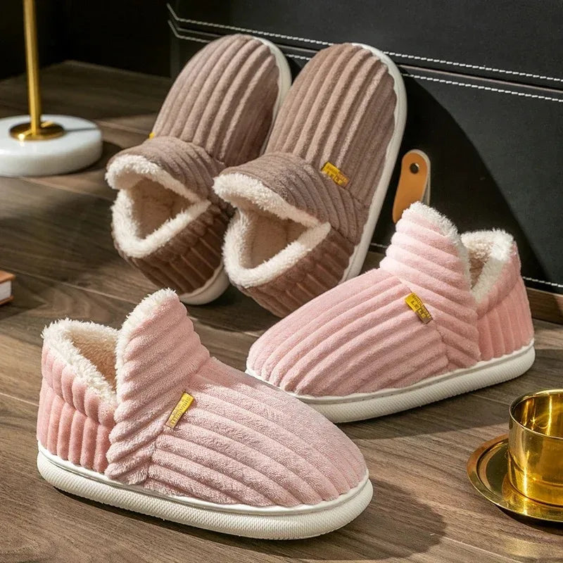Winter Couple Style Concise Stripes Wrap Heels Plush Slippers Ladies' Non-slip Soft Warm Flip Flops Men Home Casual Cotton Shoes
