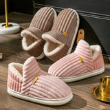 Winter Couple Style Concise Stripes Wrap Heels Plush Slippers Ladies' Non-slip Soft Warm Flip Flops Men Home Casual Cotton Shoes