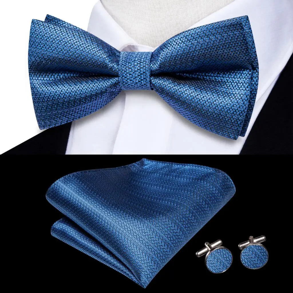 Hi-Tie Striped Black Red Mens Bow Tie Hankerchief Cufflink Pre-tied Silk Butterfly Knot Bowtie for Male Business Party Wholesale