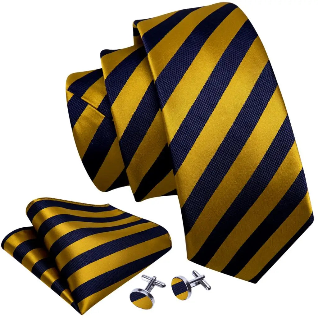 Barry.Wang Striped Silk Men Tie Hanky Cufflinks Set Jacquard Neck tie for Male Formal Casual Wedding Party Business High Quality