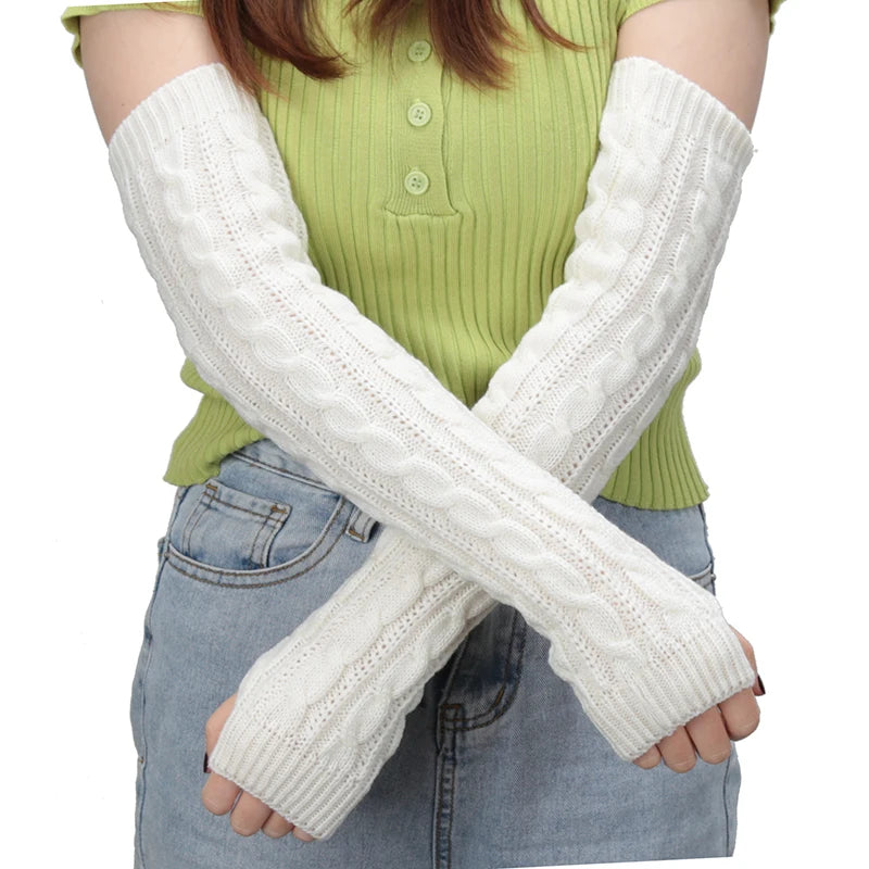 Women Long Knit Fingerless Gloves Winter Fashion Arm Wrist Sleeve Casual Soft Warmer Girl Elbow Mittens Punk Gothic Black Gloves