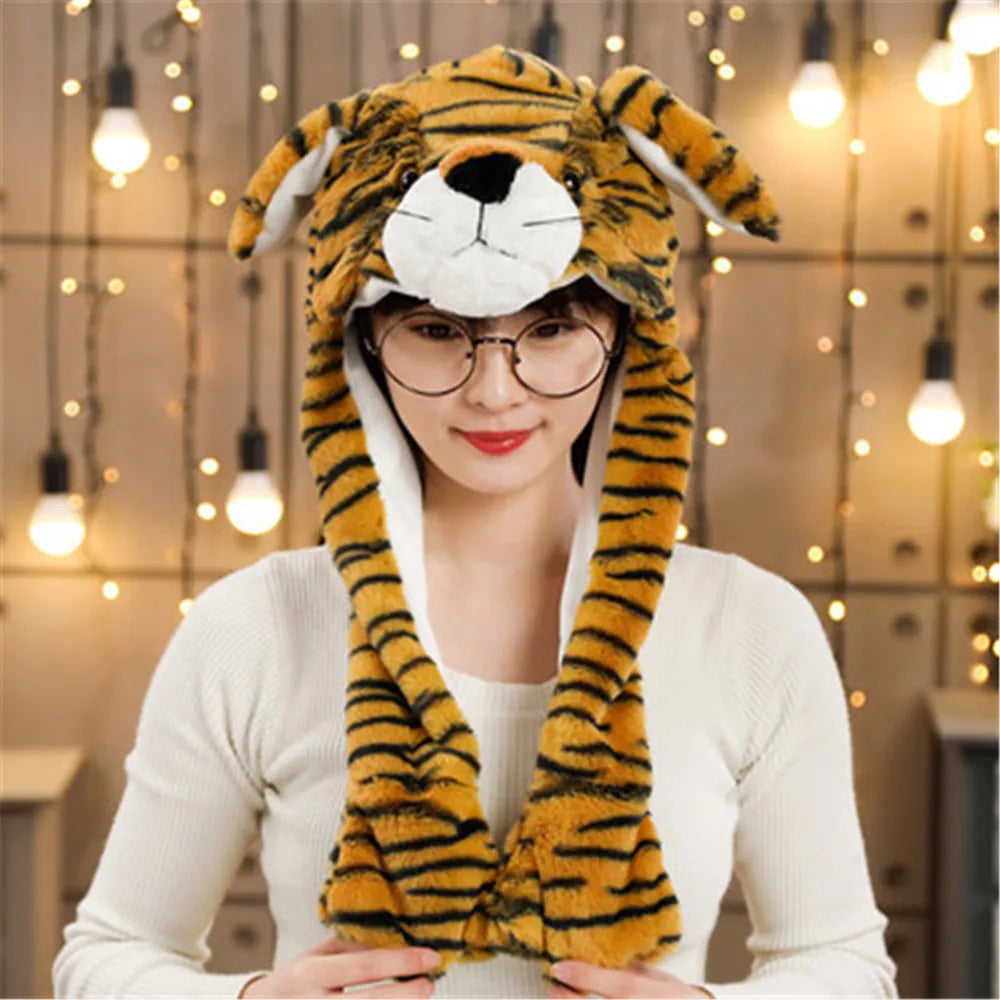 Women Girls Soft Warm Moving Jumping Rabbit Pinch Airbag Animals Ear Hat Funny Cap Plush