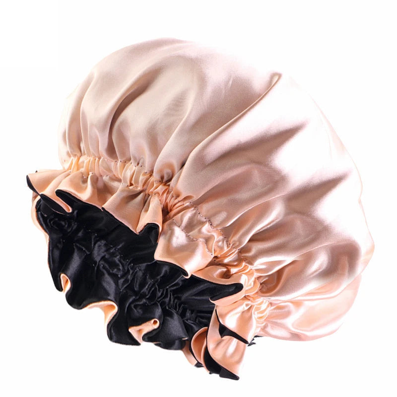 New Solid Elastic Double Layer Satin Bonnet Nightcap Women Night Sleep Hair Protection Hat Reversible Sleeping Hat Hair Care New