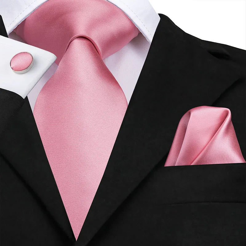 Hi-Tie 100% Silk Classic Men's Wedding Coral Pink Red Peach Tie Pocket Square Cufflinks Set Rose Ties for Men Solid Paisley Ties