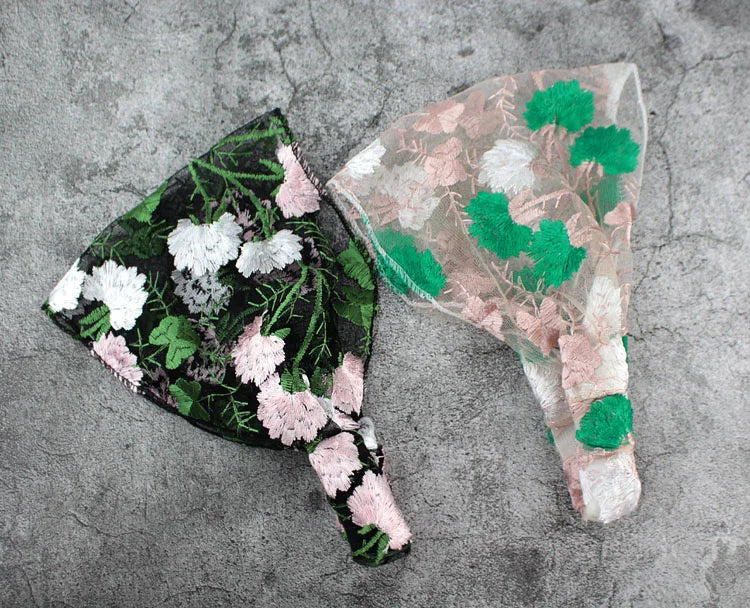 New Wide Headband for Women Ethnic Embroidery Flower Mesh Wide Edge Headbands Hibiscus Mutabilis Lace Bandaba Turban Headwear