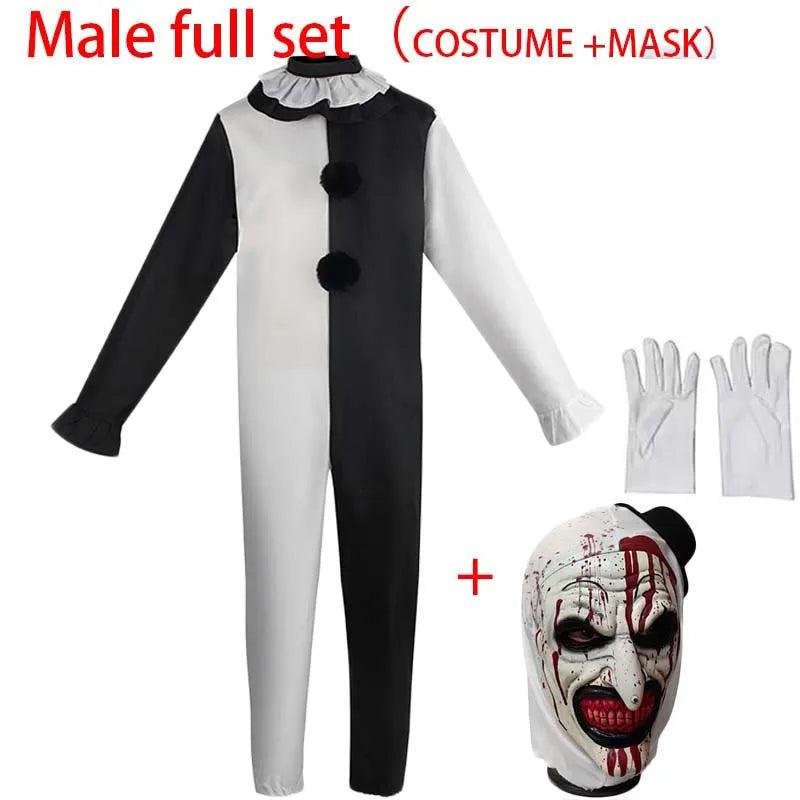 Terrifierr Cosplay Costume Female/Male Horror Carnival Party Skin-Tight Black White Killer Clowns Jumpsuit for Halloween Costume