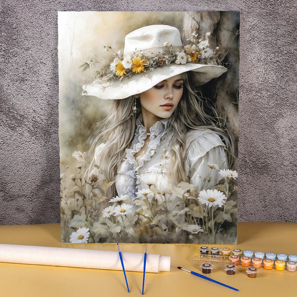Paint By Numbers Kit For Adults Beginner On Canvas, DIY Acrylic Painting Package For Kids, Flowers Hat Women Picture, Frameless