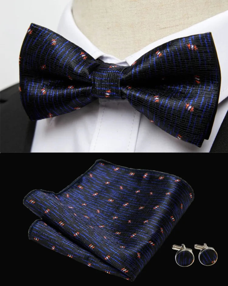 HUISHI Classic Blue Bowties For Men  Paisley Floral Bow Tie Pocket Square Cufflinks Suit Set Wedding Party Plaid Solid Butterfly