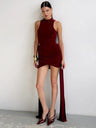 Articat Elegant Sleeveless High Neck Elastic Slim Lace Up Dress Women Tight Party Club Evening Dress Elegant Short Dress Vestido