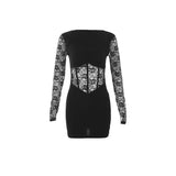 Nibber Black Mysterious Sexy Lace Stitching Mature Fishbone Beautiful Sweet Gentle Women'S Winter Long Sleeve Hip Short Dress