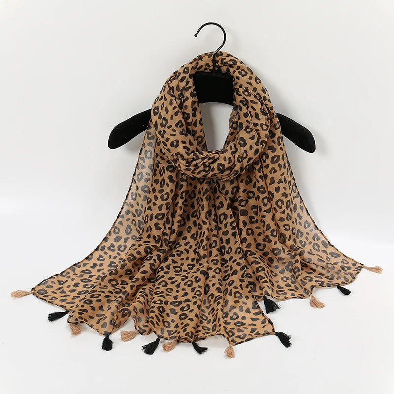 Fashion Printed Leopard Scarf Female Spring Muslim Women Hijab Scarves Tassel Large Size Headband Handkerchief Women's Bandana