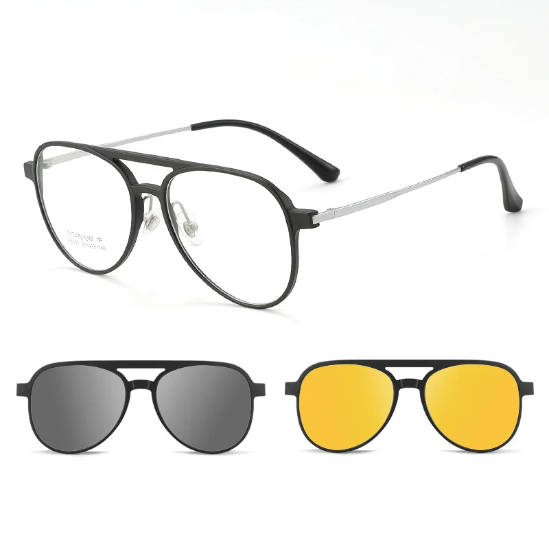 3 In 1 Pure Titanium Women Double Beam Glasses Frame With Polarized Clip On Sunglasses And Night Vision Men Half Rim Eyewear