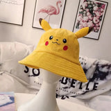 Anime Pika Bucket Hat Sun Hat with Ear Cute Cartoon Wide Brim Fisherman Beach Outdoor Baseball Hat Cap for Adult Kids Child