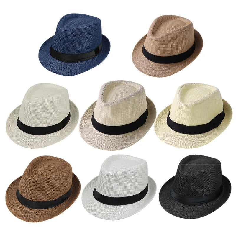 Children Kids Summer Beach Straw Hat Jazz Panama Trilby Fedora Hat Gangster Outdoor Breathable Hats Girls Boys Sunhat