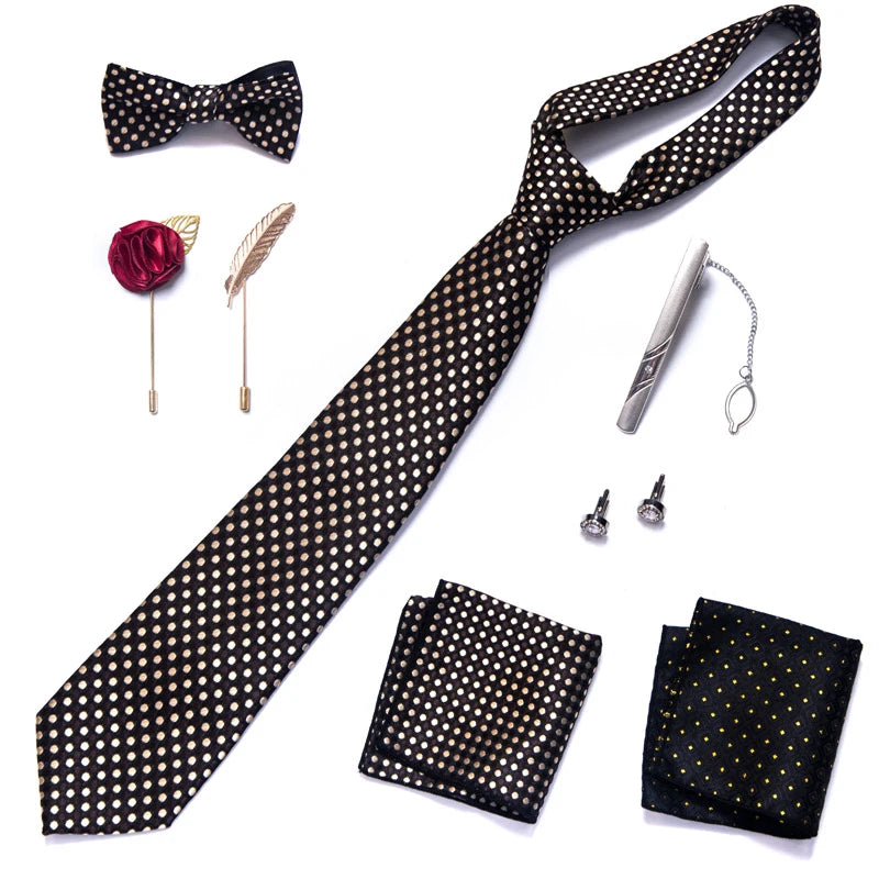 Brand Newest Design Silk Tie Set Handkerchief Pocket Squares Cufflink Bow Tie Clip Necktie Set Bussiness Wedding Suit Gift Box