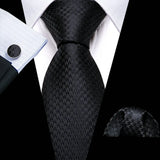 Business Black Silk Ties For Men Classic Solid High Quality Woven Pocket Square Cufflinks Sets Party Formal Designer Barry.Wang