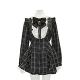 Japanese Style Gothic Y2k Lolita Plaid Rhinestone Bow Dress Shorts Set Sweet Women Puff Short Sleeve Button Shirt Party Dresses