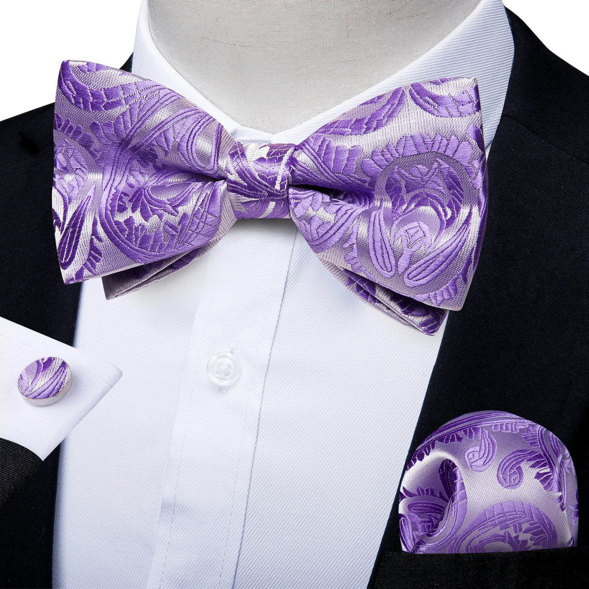 Classic Black Men Bow Ties 100% Silk Bowties Butterfly Pocket Square Cufflinks Set Suit Paisley Gold Pre-Tied Bow Tie DiBanGu