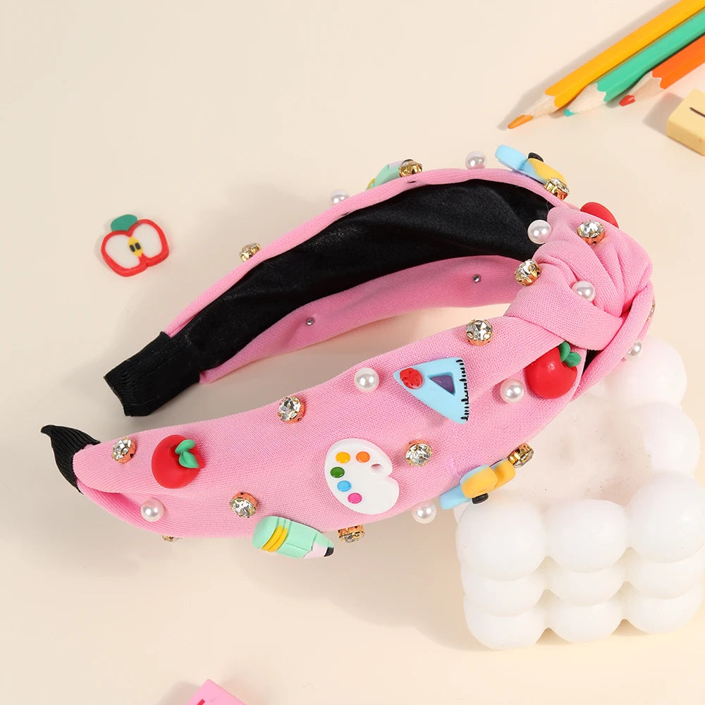 Knotted Wide Headbands Diadem For Back To School Pearls Pencil Hair Bands Kids Head Hoop Girls Children Daily Tiara Accessories