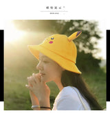 Anime Pika Bucket Hat Sun Hat with Ear Cute Cartoon Wide Brim Fisherman Beach Outdoor Baseball Hat Cap for Adult Kids Child