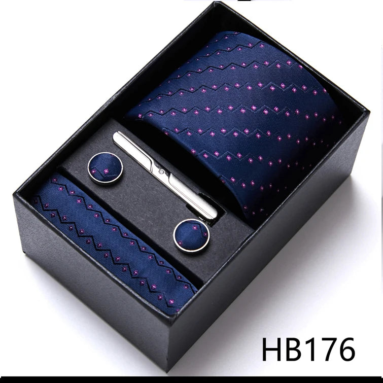 Brand Wholesale Tie Pocket Squares Cufflink Set Necktie Blue Striped Man Wedding Accessories Fit Workplace Holiday Gift Box