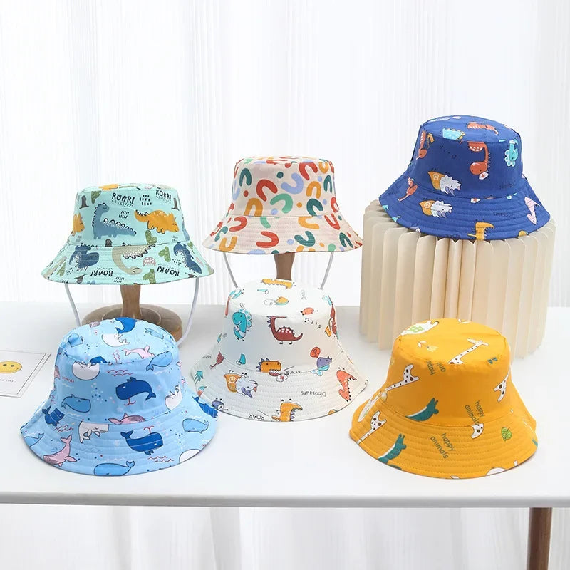 Cute Cartoon Printing Bucket Baby Hat Cotton Breathable Kids Fisherman Hat Infant Toddle Sun Hat with Drawstring for 1-5 Years
