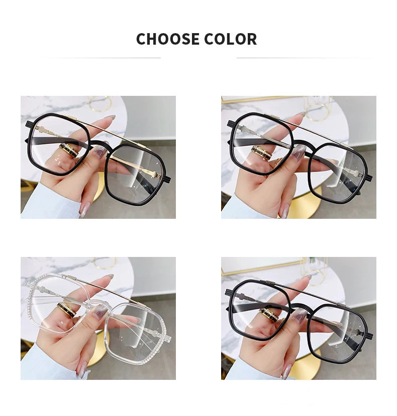 Blue Light Blocking Eye Protection Myopia Eyeglasses Fashion Double Beam Metal Glasses Women Trend Retro Plain Face Eyewear Men