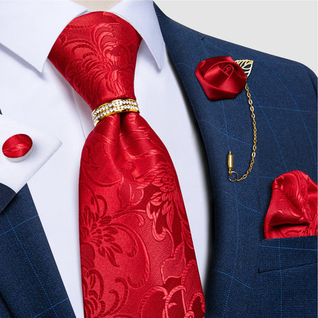 Luxury Red Solid Paisley Silk Ties for Men with Tie Ring Brooch Pin Wedding Party Men Accessories Handkerchief Cufflinks Gift