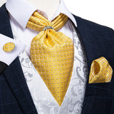 Luxury Silver Paisley Men Ascot Tie Wedding Formal Cravat Ascot Scrunch Self British Neck Tie Set Pocket Square Cufflink DiBanGu