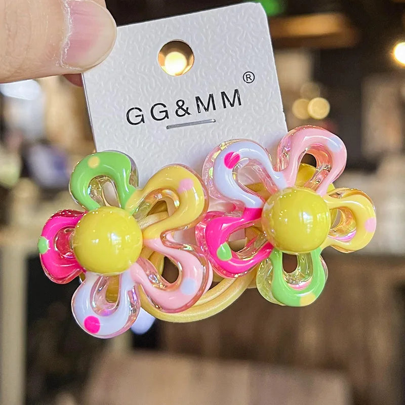 Elastic Hair Bands for Children, Hair Ropes, Color Blocked Flowers, Princess Cute Headwear, Girls Hair Accessories, New, 2Pcs
