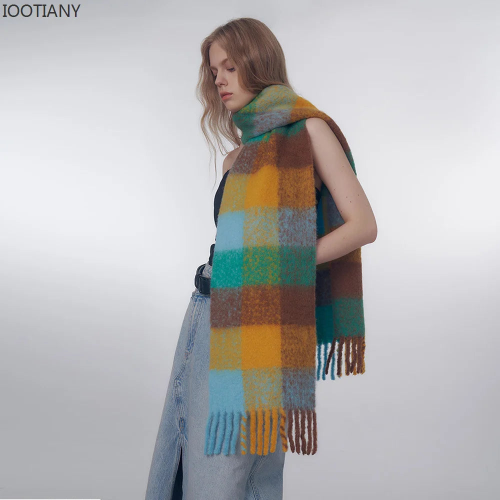 2023 Autumn And Winter Warm Scarf Wool Blend Gradient Colour Plaid Scarve Sweet Tassel Cotton Candy Series Women's Shawl