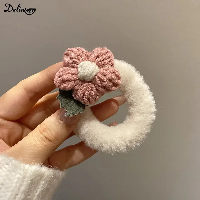 Newest Korean Woman Cute Plush Flower Hairband Elastics Hair Band Scrunchies Hair Ties Ladies Ponytail Hold Hair Accessories