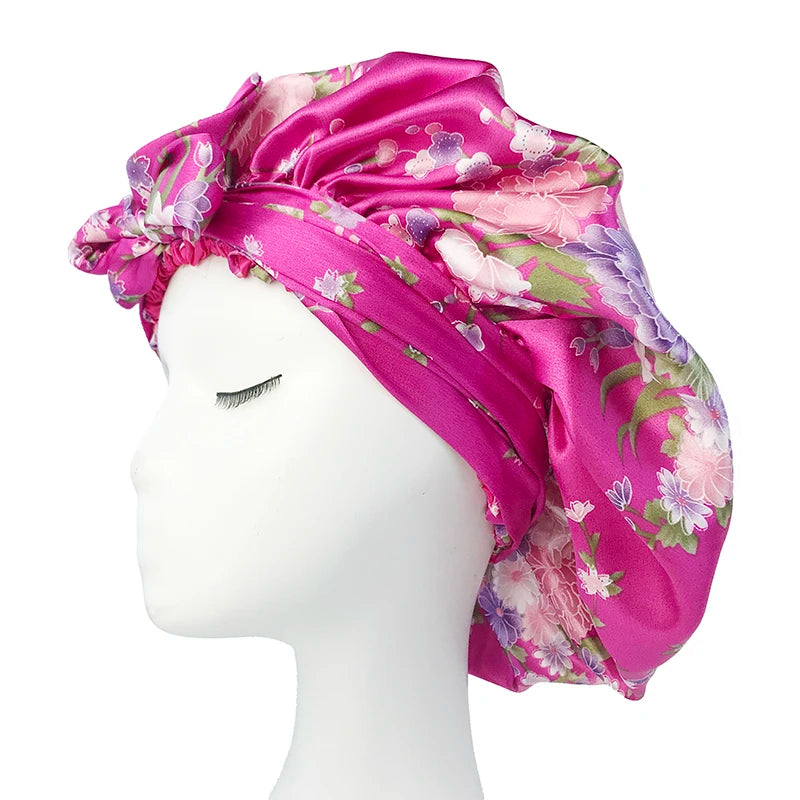Soft Silky Print Satin Bonnet for Women Large Nightcap with Long Satin Ribbon Tie Band Bonnet Adjustable Wide Band Head Wrap Hat