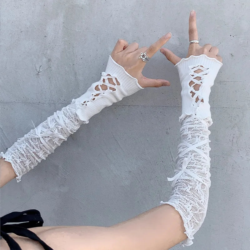 Y2k Fingerless Mittens Female Anime Gloves Women Knitted Gloves Arm Winter Warmers Japanese Goth Ankle Wrist Sleeves Harajuku