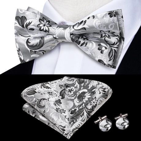 Hi-Tie Black White Silver Grey Brown Silk Mens Bow Tie Hankerchief Cufflinks Set Pre-tied Butterfly Knot Adjustable Bowtie Male