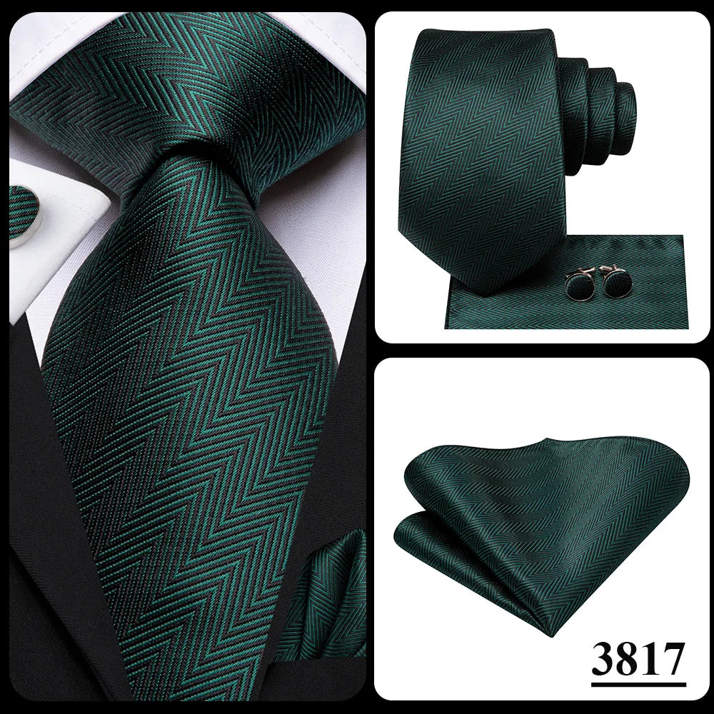 Hi-Tie Dark Green Psialey Silk Elegant Tie For Men Groom Wedding Men Necktie Pocket Square Cufflink Accessory Wholesale Designer