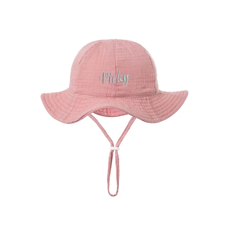 Embroidered Name Breathable Kids Wide Brim Sun Hat With Adustable Chin Strap Suitable For Summer And Beach