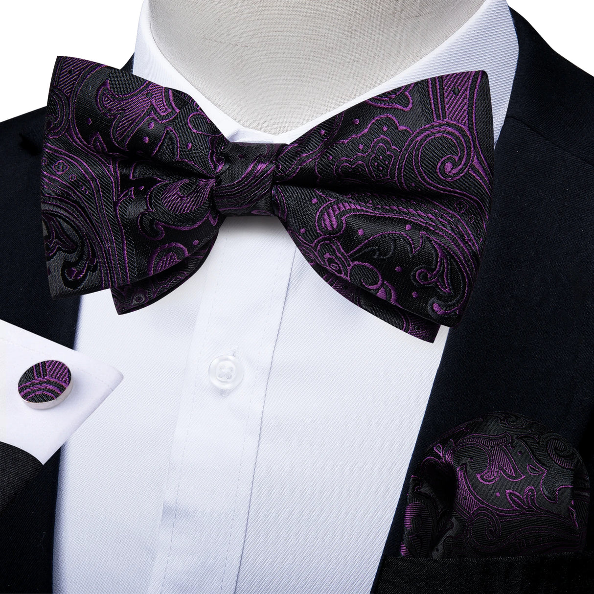 Classic Black Men Bow Ties 100% Silk Bowties Butterfly Pocket Square Cufflinks Set Suit Paisley Gold Pre-Tied Bow Tie DiBanGu