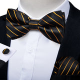 Classic Black Men Bow Ties 100% Silk Bowties Butterfly Pocket Square Cufflinks Set Suit Paisley Gold Pre-Tied Bow Tie DiBanGu