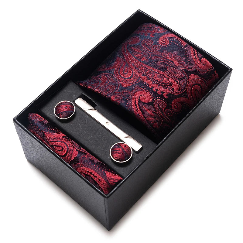 65 Colors Fashion Tie Handkerchief Set Tie Clip Necktie Box Man's Shirt Dark Red  Accessories Men Wedding Holiday  Gift