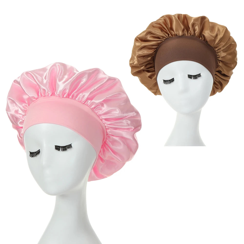 2PCS Milk Imitation Silk Wide Brim Satin Cloth Women's Hair Hat Bonnet Elastic Band Headwear bonnets for women