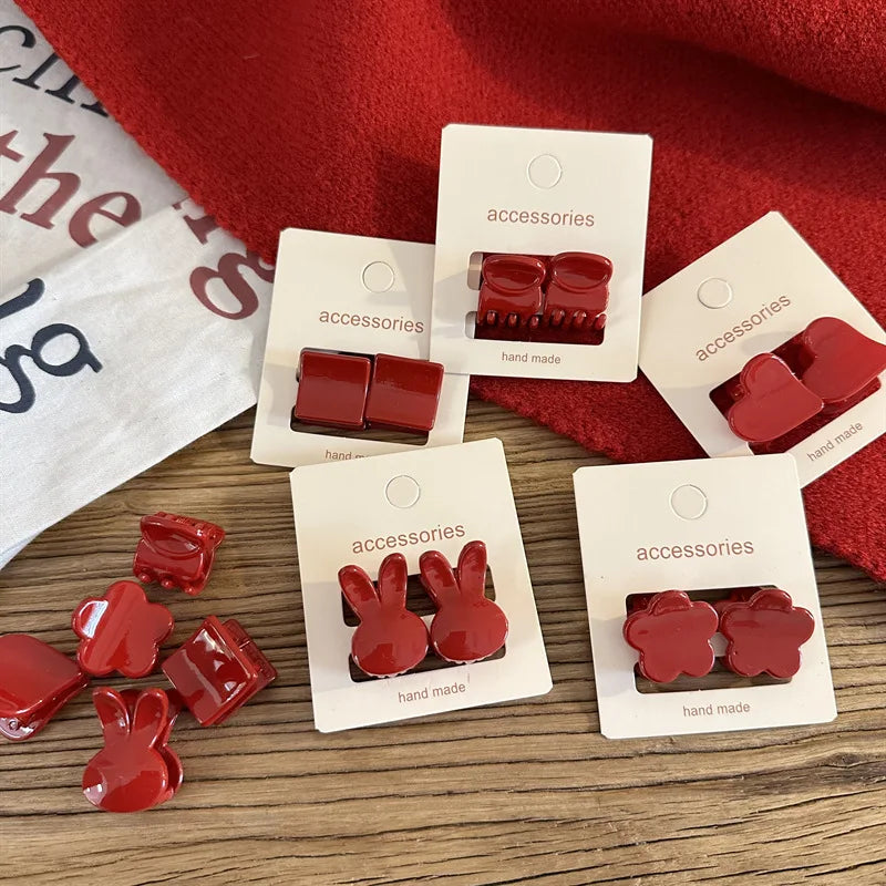 2pcs New Year's Red Festival Mini Hair Clip Retro Red Edge Clip Cute Girl Heart Liu Hai Clip Princess Head Clip Headpiece