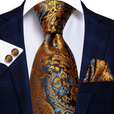 Hi-Tie Men's Tie Set Gold Paisley 100% Silk 8.5cm Wedding Ties For Men New Fashion Design Hanky Cufflinks Set Quality Necktie