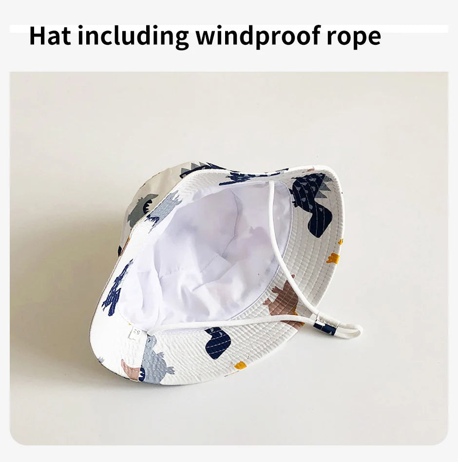 Cartoon Printing Baby Bucket Hat Cotton Breathable Kids Fisherman Hat Infant Toddle Sun Hat With Drawstring