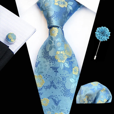 Floral Pink Silk Ties Set For Men Wedding Party Neck Tie Set Handkerchief Brooch Cufflinks Men Accessories High Quality Gravata